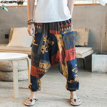 Ethnic Retro Men's Cross-Pants Wide Leg Linen Harem Pants Men Elastic Waist Loose Print HipHop Pants Man Joggers Crotch Trousers