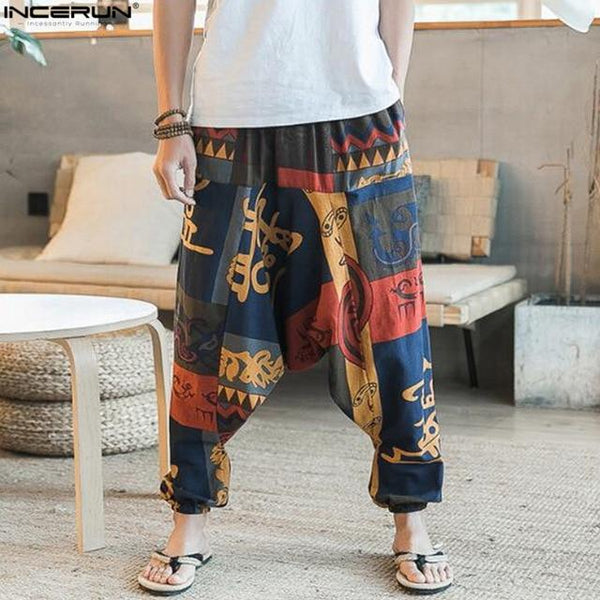 Ethnic Retro Men's Cross-Pants Wide Leg Linen Harem Pants Men Elastic Waist Loose Print HipHop Pants Man Joggers Crotch Trousers